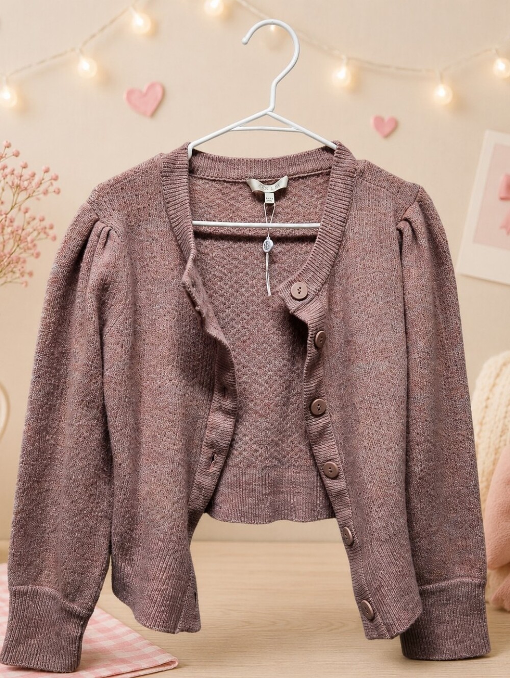 WAYF Cropped Knit Puff-Sleeve Cardigan – Size XL (NWOT)